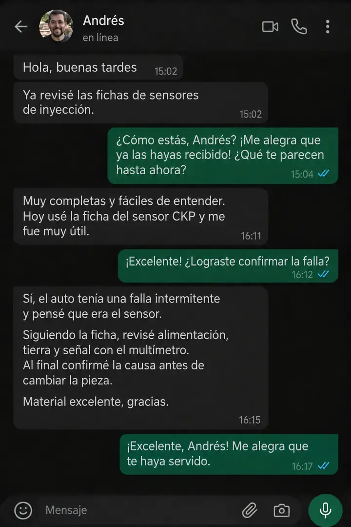 Conversación en español con Andrés sobre una prueba del sensor CKP