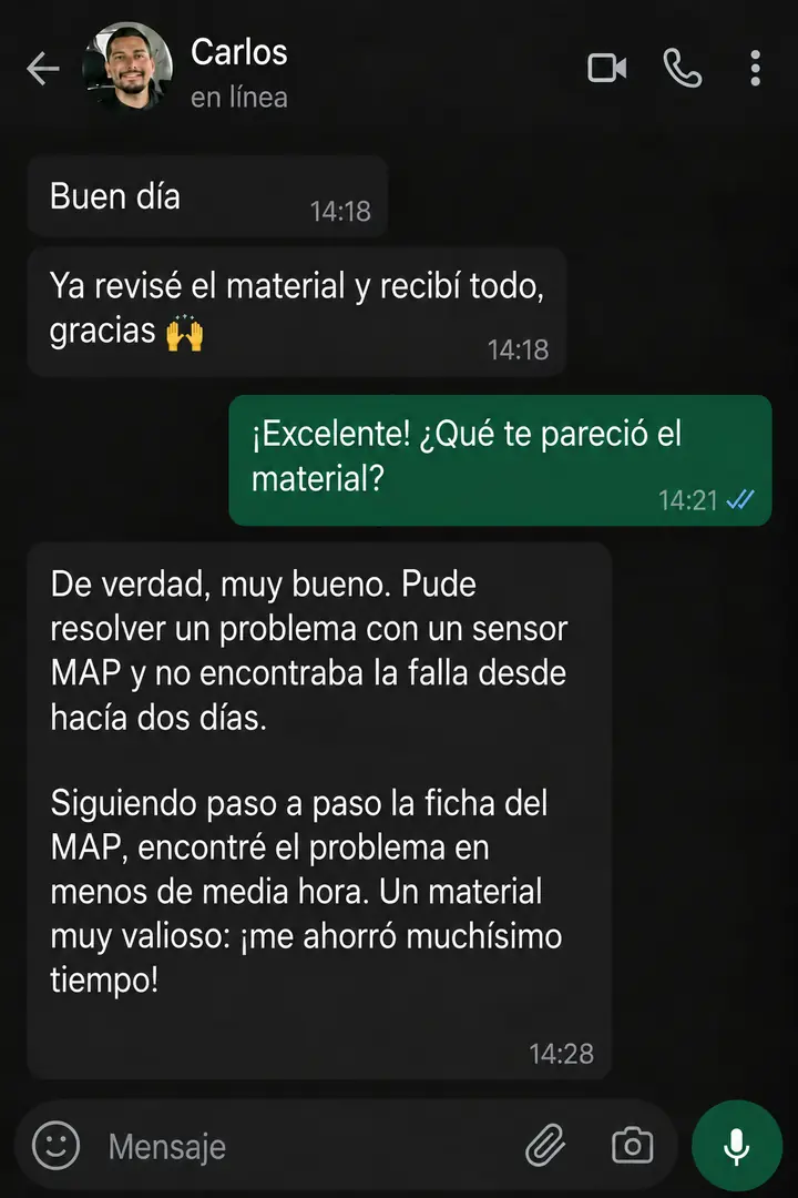 Conversación en español con Carlos sobre una prueba del sensor MAP