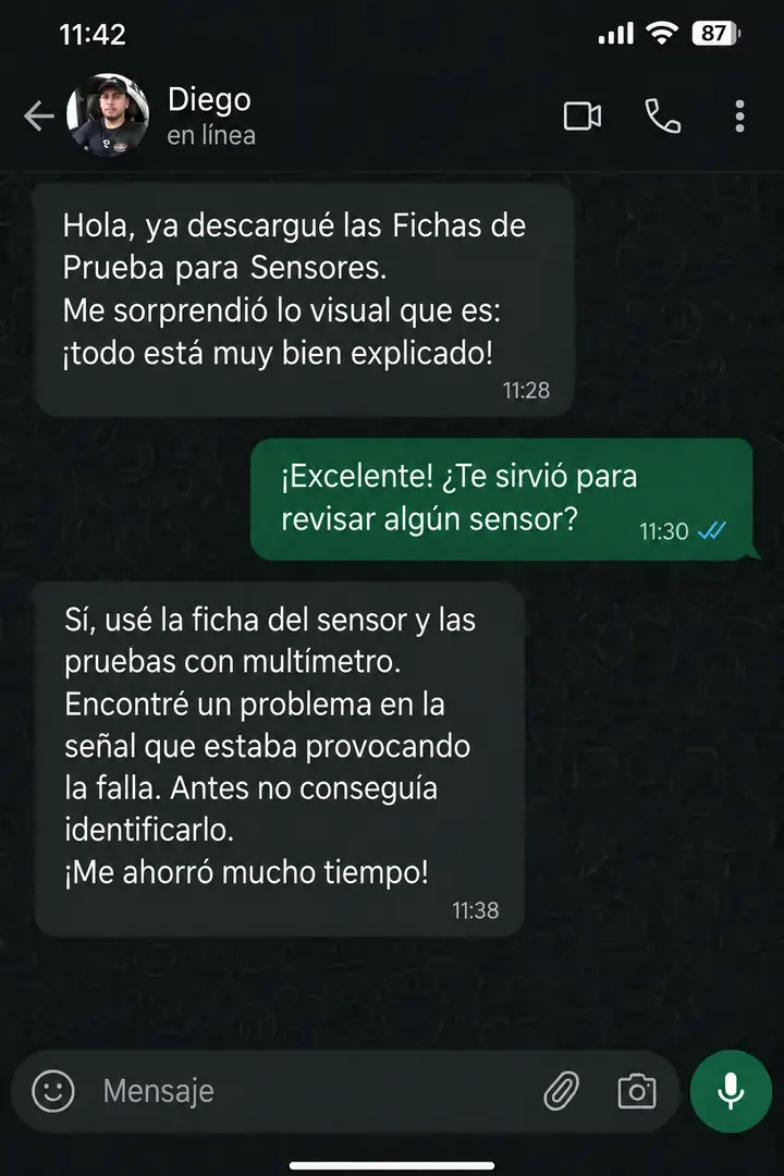 Conversación en español con Diego sobre las pruebas de un sensor